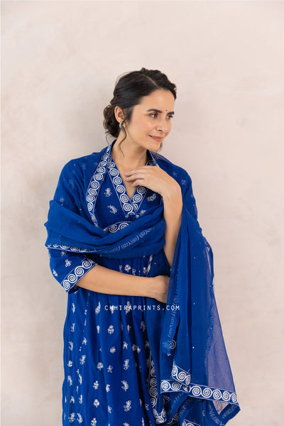 Cotton Multi Buti Embroidered Kurta Set in Royal Blue