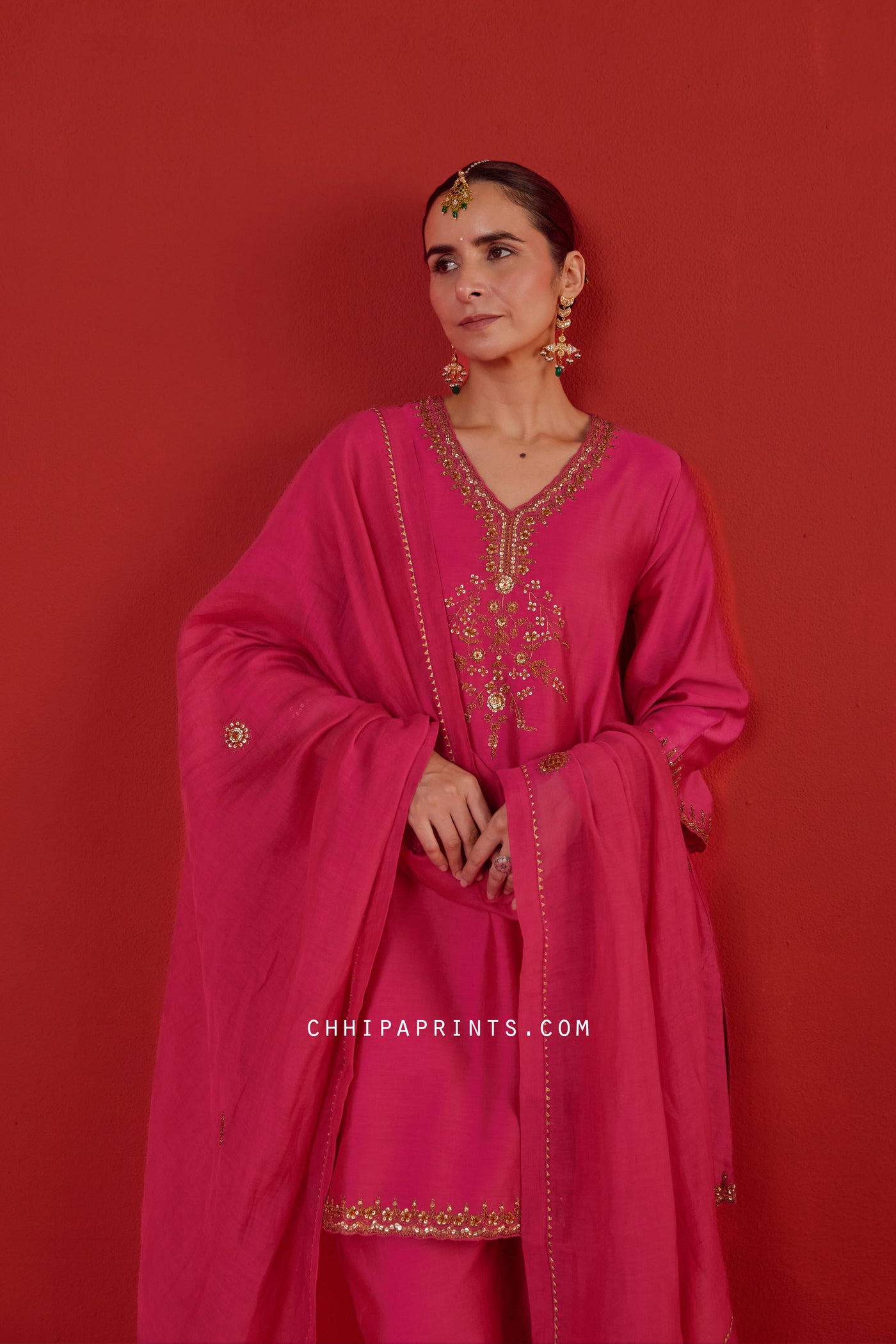 Chanderi Silk Marodi Embroidery Kurta Set in Hot Pink