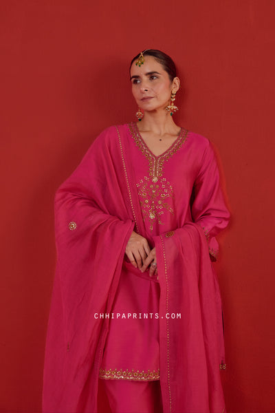 Chanderi Silk Marodi Embroidery Kurta Set in Hot Pink
