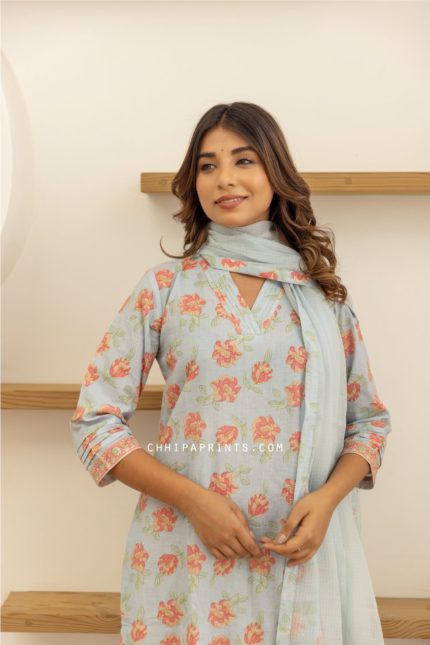 Cotton Printed V Neck Kurta Set in Shades of Powder Blue and Pink