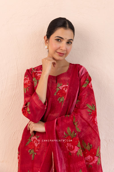 Chanderi Silk Block Print Gud Buta Kurta Set in Dark Red