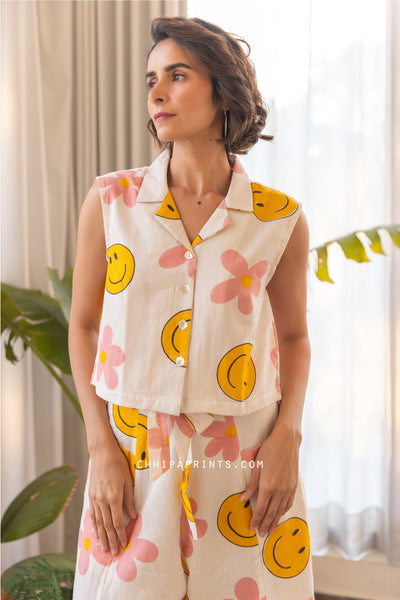 Cotton Smiley Print Co Ord Set in Shades of Yellow & Pink