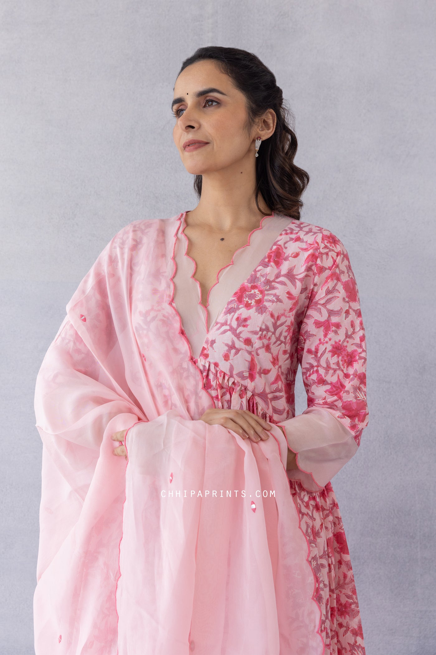 Cotton Block Print Gud Jaal Kurta Set in Baby Pink