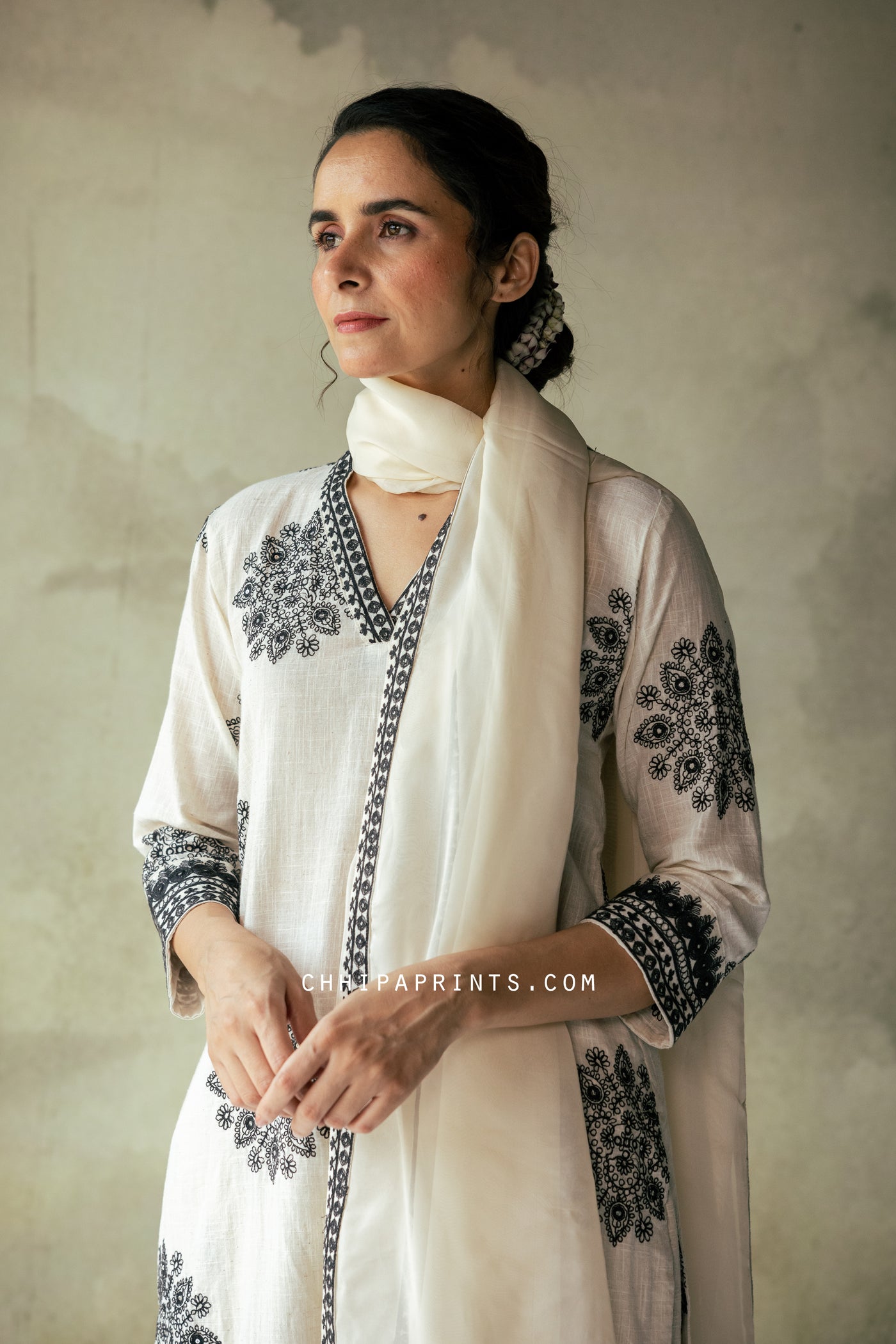 Cotton Mandala Embroidery Kurta Set in Shades of Ivory & Black