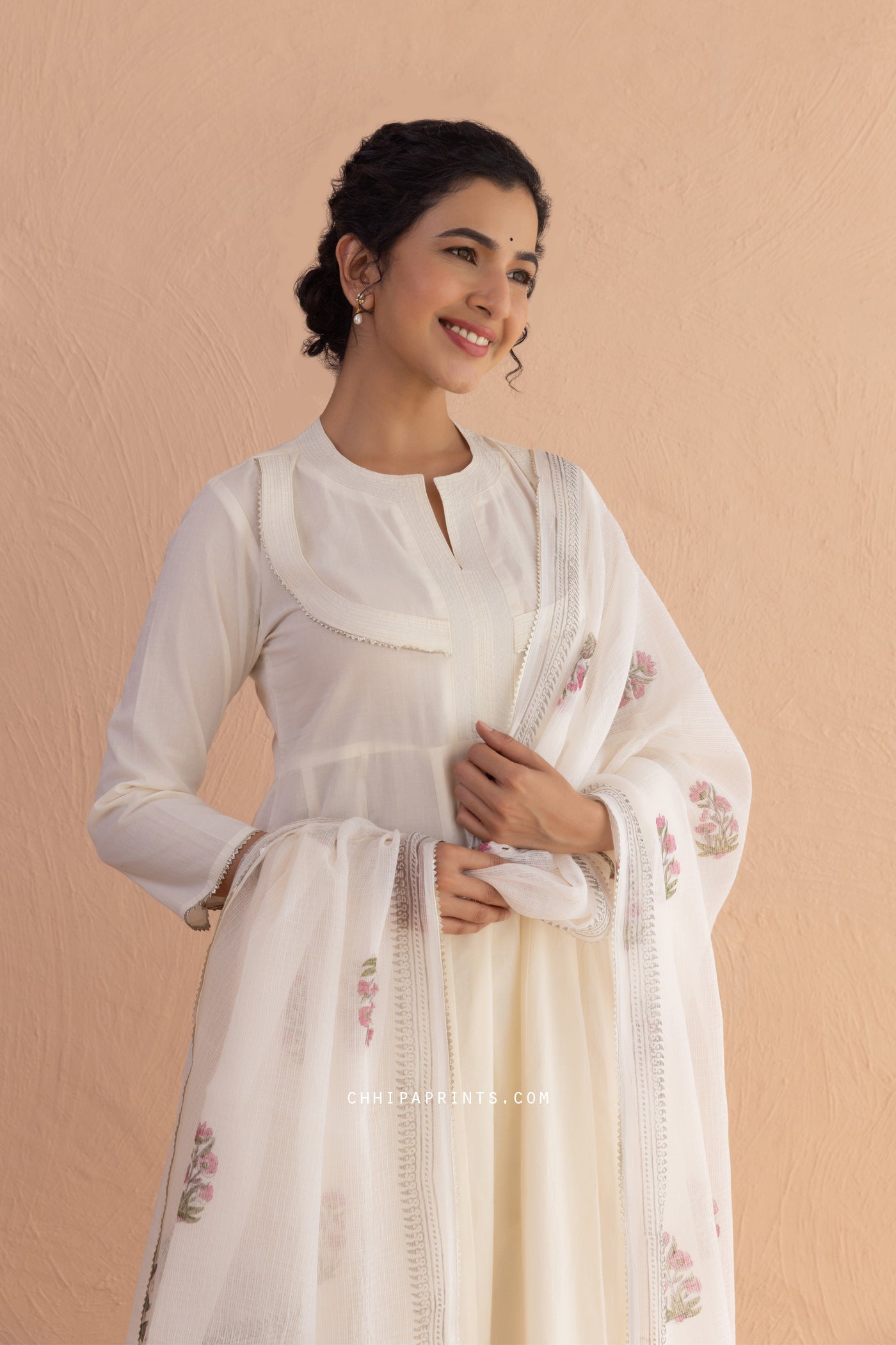 Cotton Block Print Matka Anarkali Kurta Set in Ivory