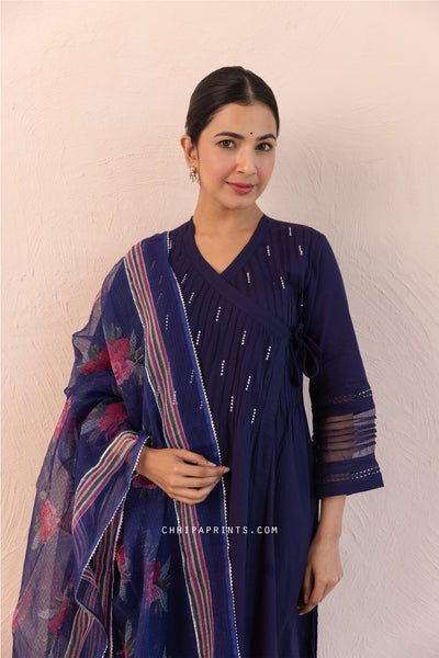 Cotton Slub Plain Dye Angrakha Kurta Set in Midnight Blue