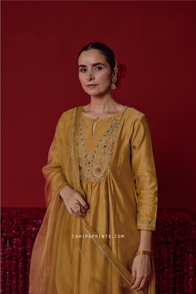 Chanderi Silk Paisley Embroidered Yoke Kurta Set in Bronze Mist