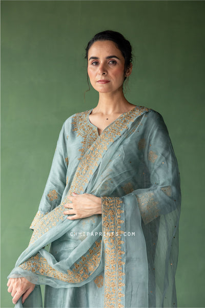 Raw SIlk Zari Embroidered Kurta Set in Harbour Grey