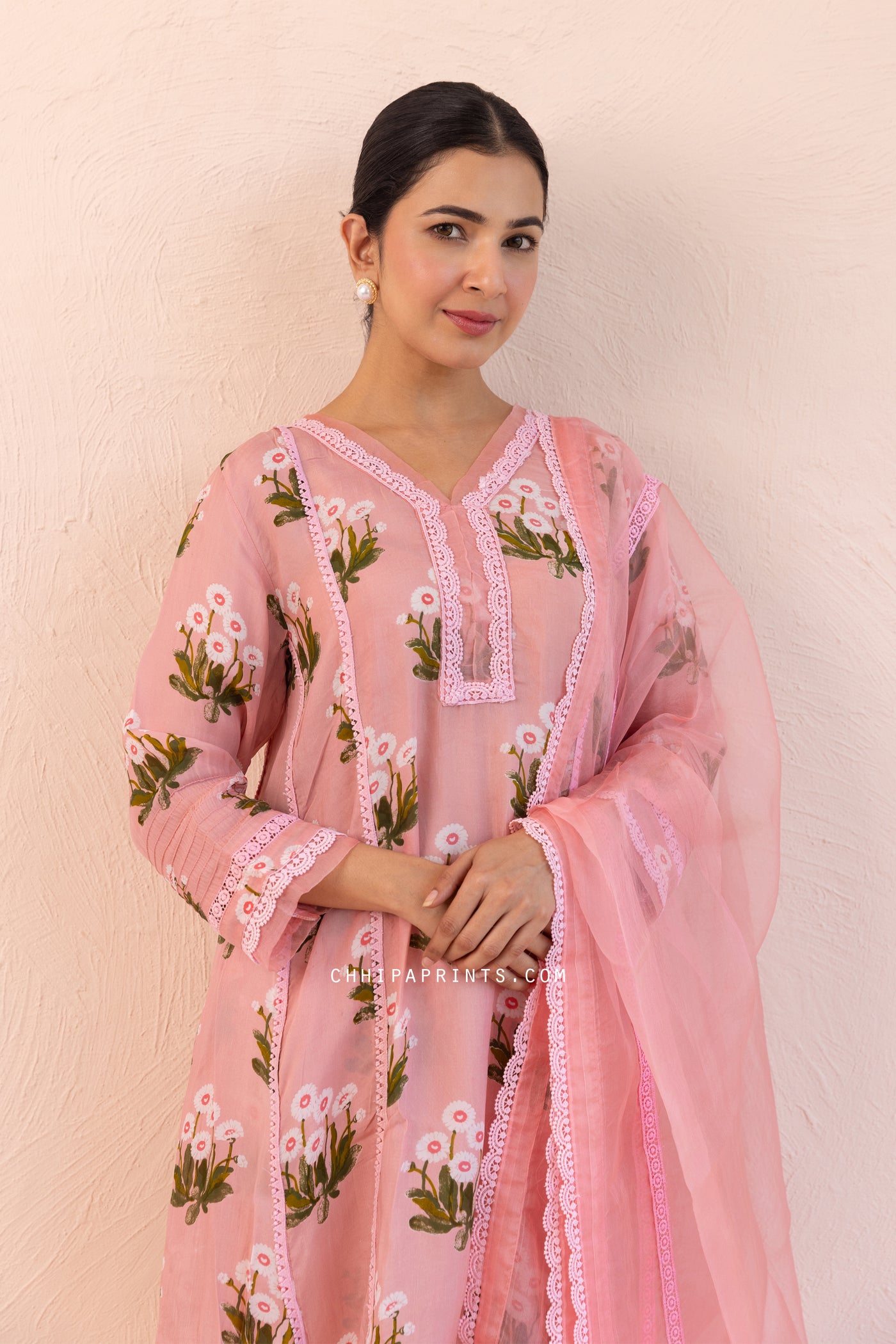 Organza Satin Printed Buta A line Kurta Set in Cameo Pink