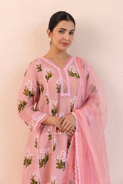 Organza Satin Printed Buta A line Kurta Set in Cameo Pink