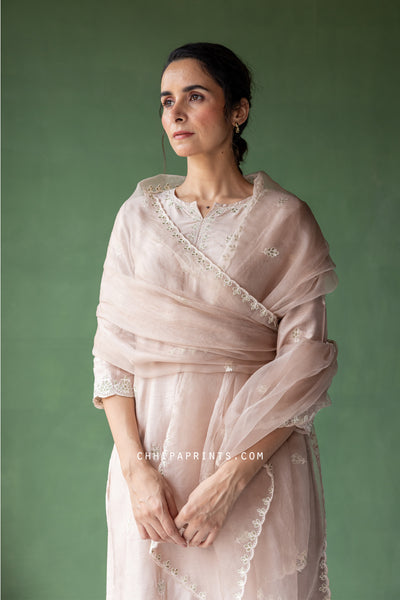 Raw Silk Hand Aari & Pittan Embroidery Work Kurta Set in Pink Tint