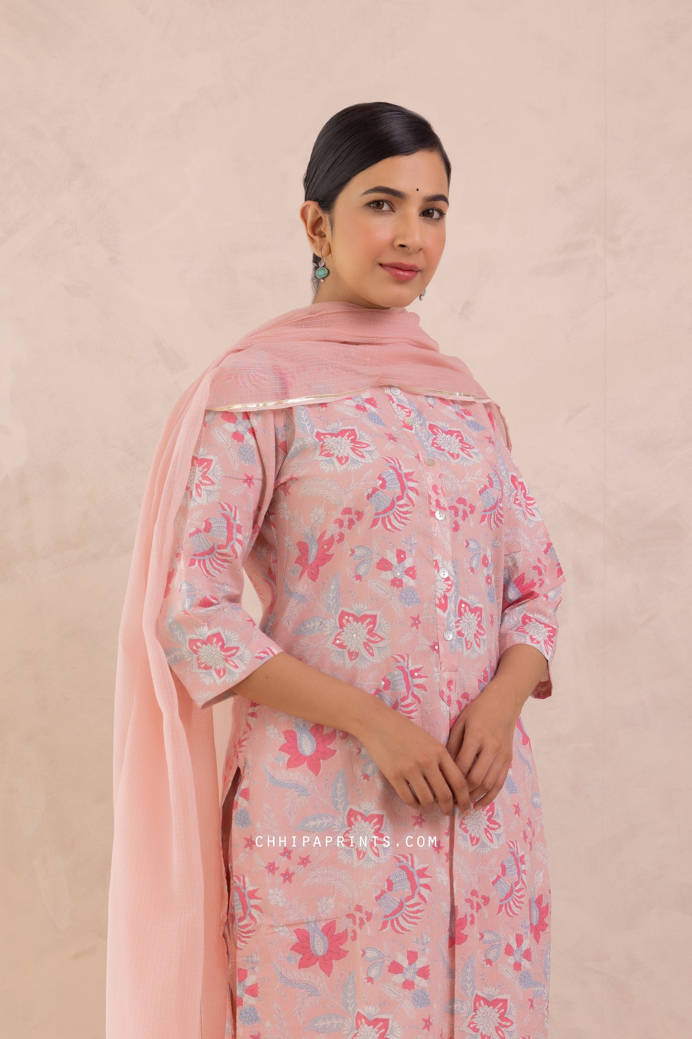 Cotton Mughal Jaal Print Kurta Set in Cameo Rose