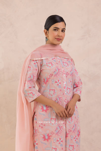 Cotton Mughal Jaal Print Kurta Set in Cameo Rose