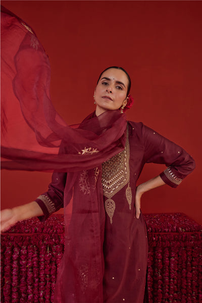Chanderi Silk Aari Embroidery & Gota Patti Kurta Set in Burgundy