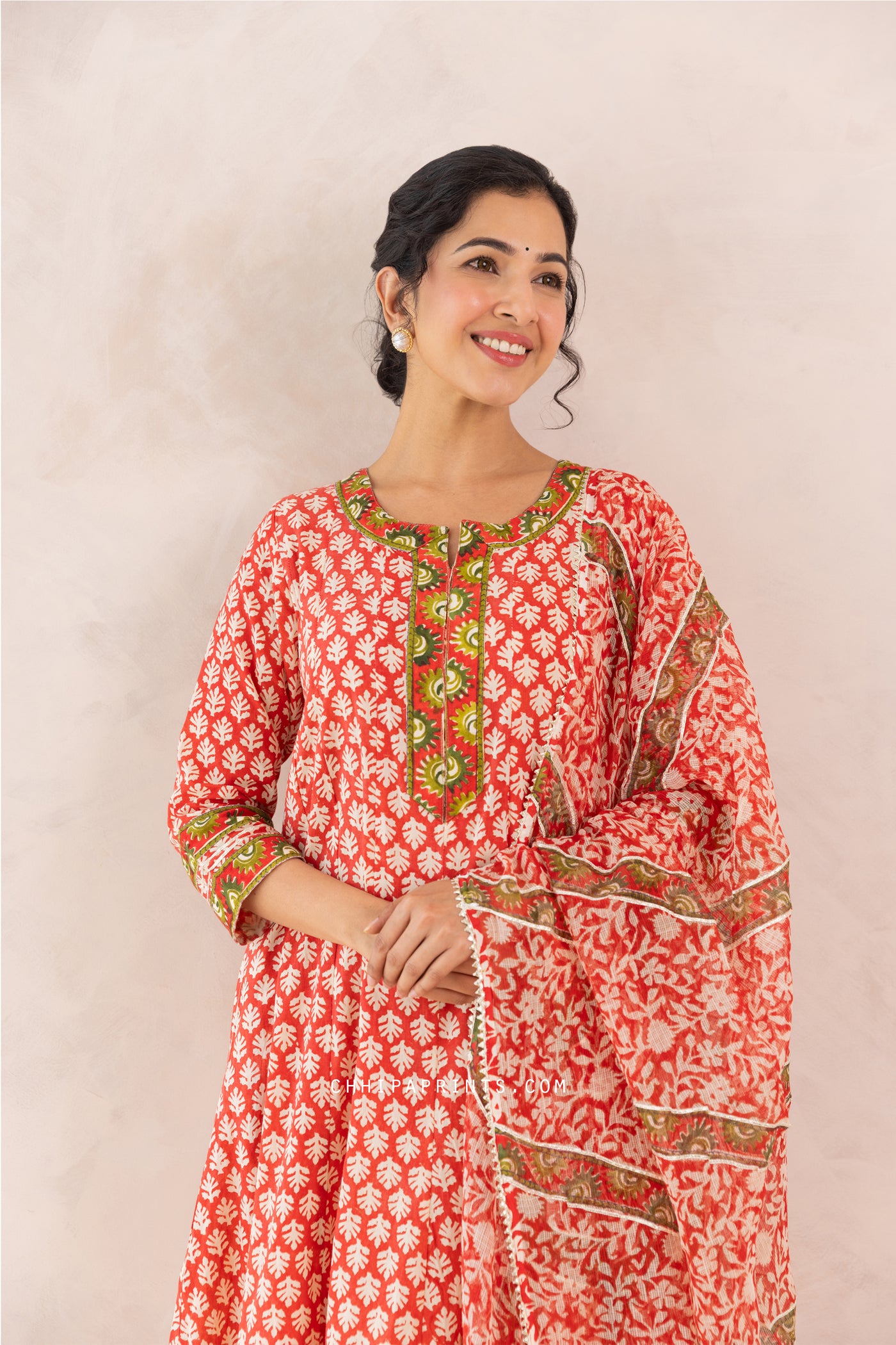 Cotton Block Print Gud Buti Anarkali Kurta Set in Racing Red
