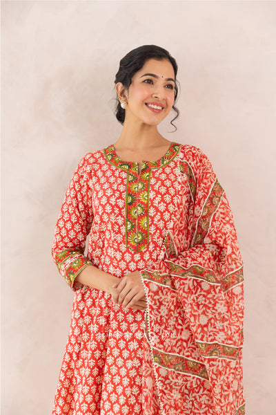 Cotton Block Print Gud Buti Anarkali Kurta Set in Racing Red