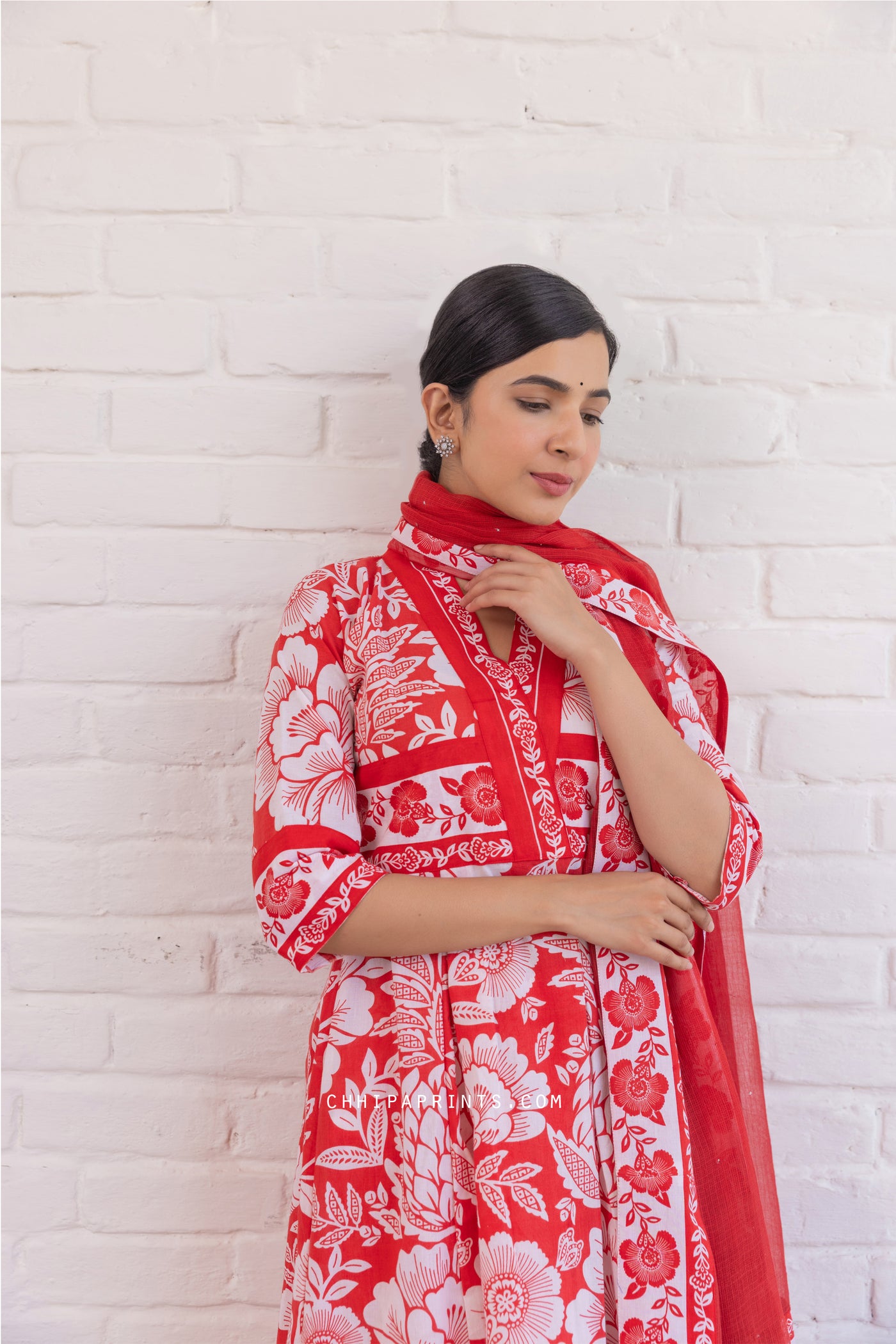 Cotton Mughal Jaal Print Flare Kurta Set in Racing Red