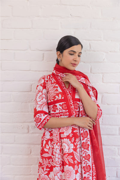 Cotton Mughal Jaal Print Flare Kurta Set in Racing Red