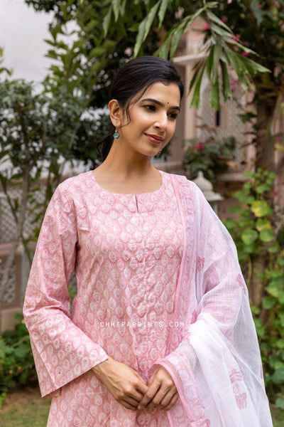 Cotton Block Print Gud Buti Kurta Set in Candy Pink