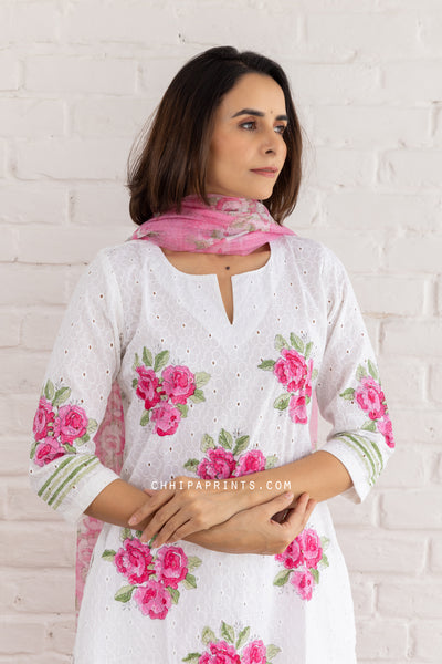 Cotton Schiffli Floral Block Print Kurta Set in Hot Pink