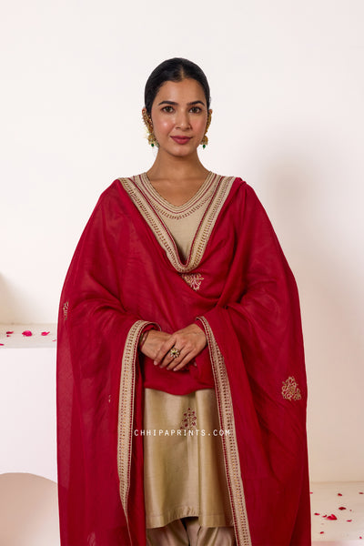 Chanderi Silk Hand Embroidery Kurta Set in Safari