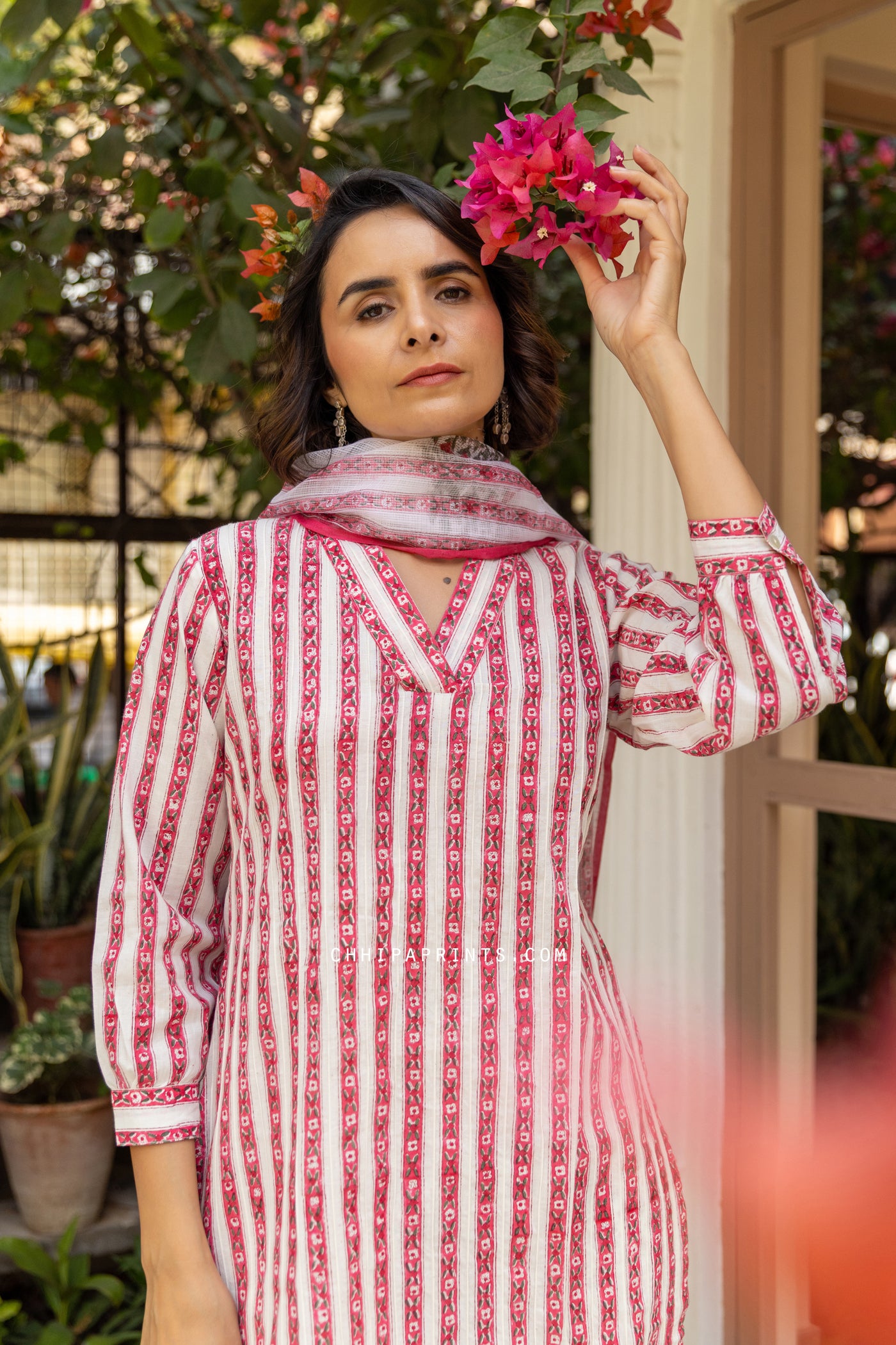 Cotton Block Print Parcha Border Kurta Set in Shades of Pink