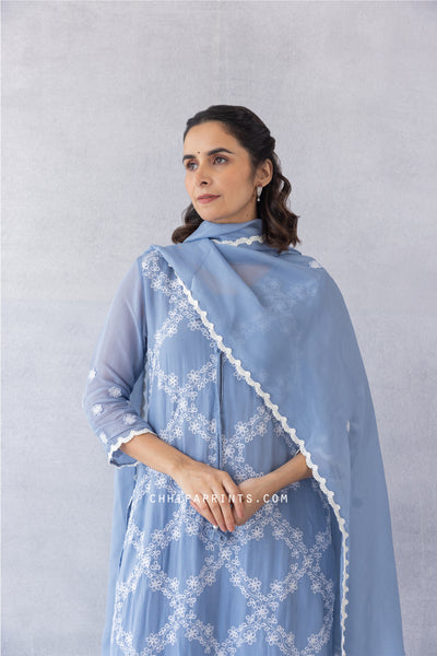 Organza Jaal Embroidery Kurta Set in Blue Haze