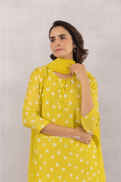 COTTON SILK BANDHANI KURTA SET IN SULPHUR YELLOW