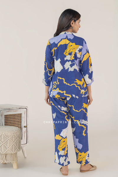 Cotton Abstract Print Tucks Co Ord Set In Blue