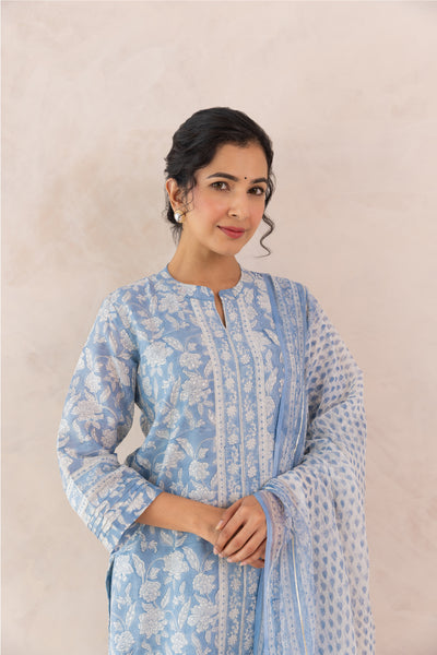Chanderi Silk Block Print Jaal Kurta Set in Powder Blue