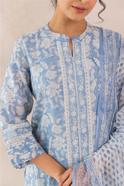 Chanderi Silk Block Print Jaal Kurta Set in Powder Blue
