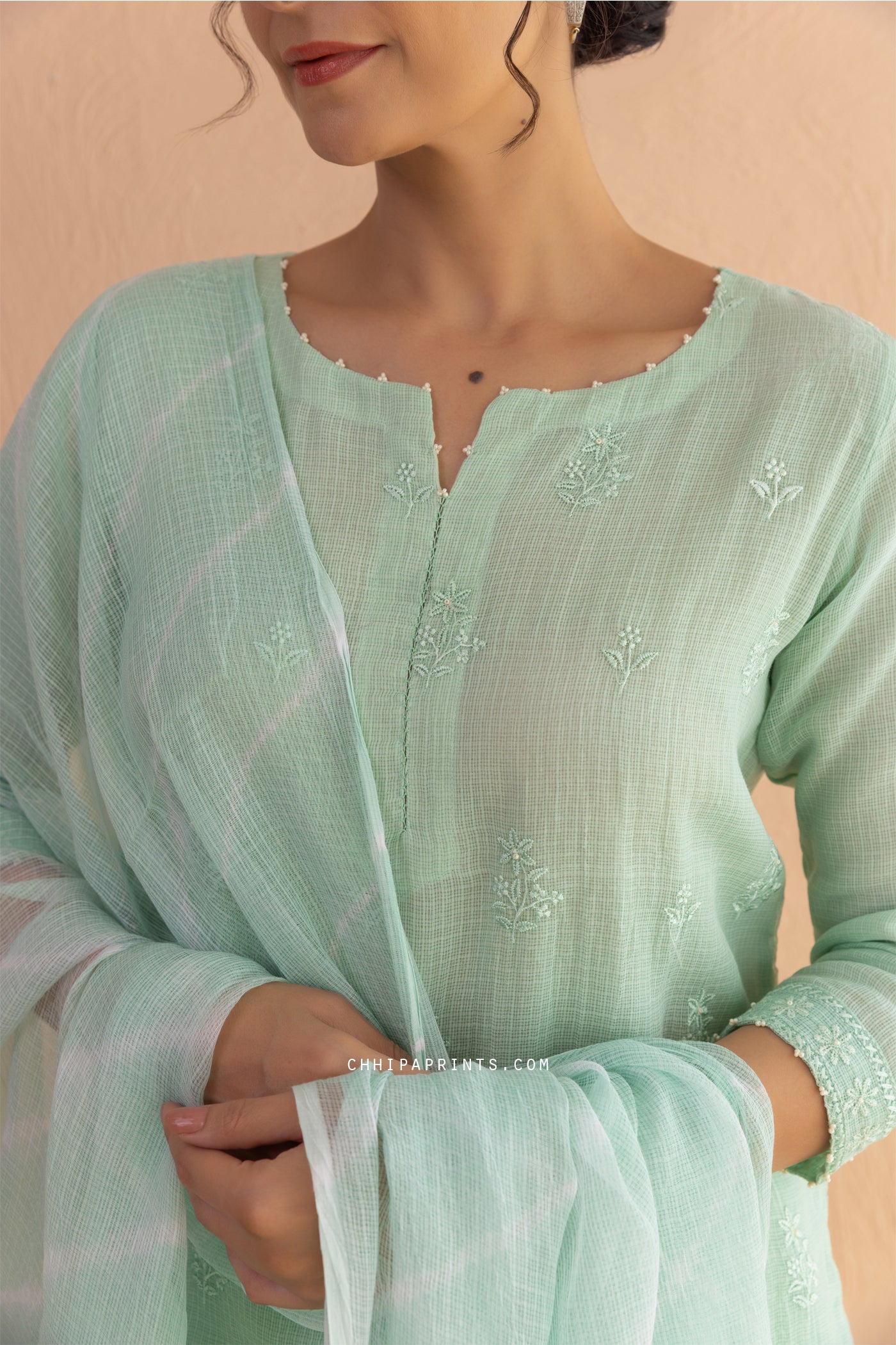 Kota Doria Embroidery Buti Suit Set in Mint Green
