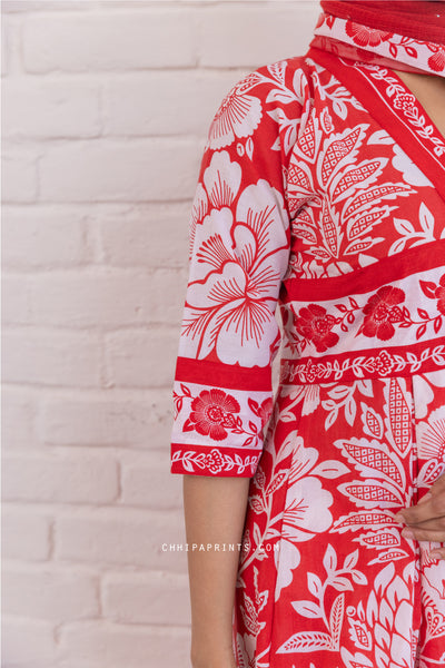 Cotton Mughal Jaal Print Flare Kurta Set in Racing Red