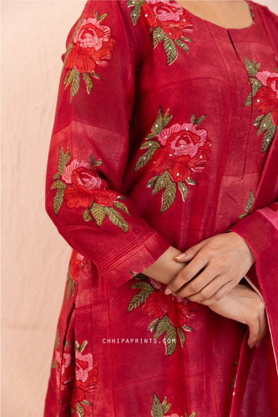Chanderi Silk Block Print Gud Buta Kurta Set in Dark Red