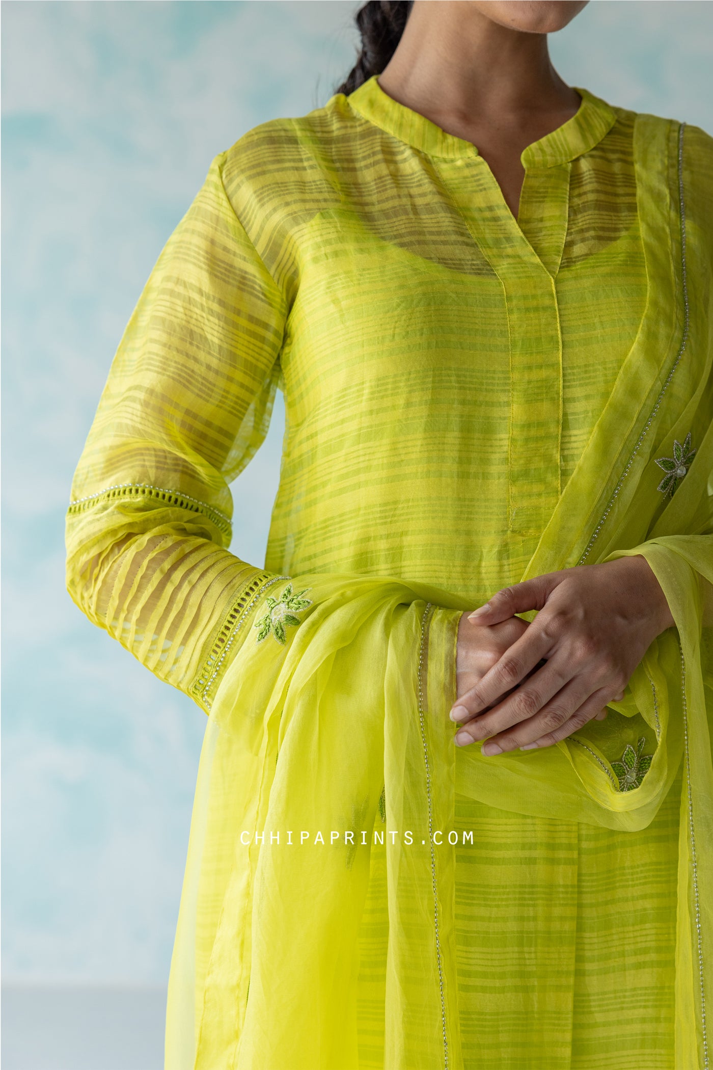 Chanderi SIlk Checks Hand Embroidered Kurta Set in Fluorescent Green