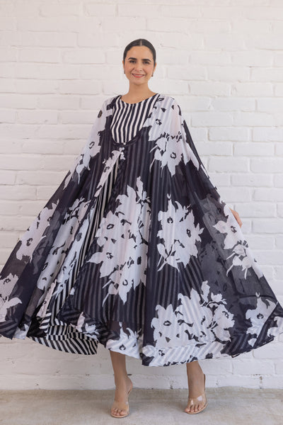 Cotton Hand Printed Free Size Shrug & Inner Dress Set in Black