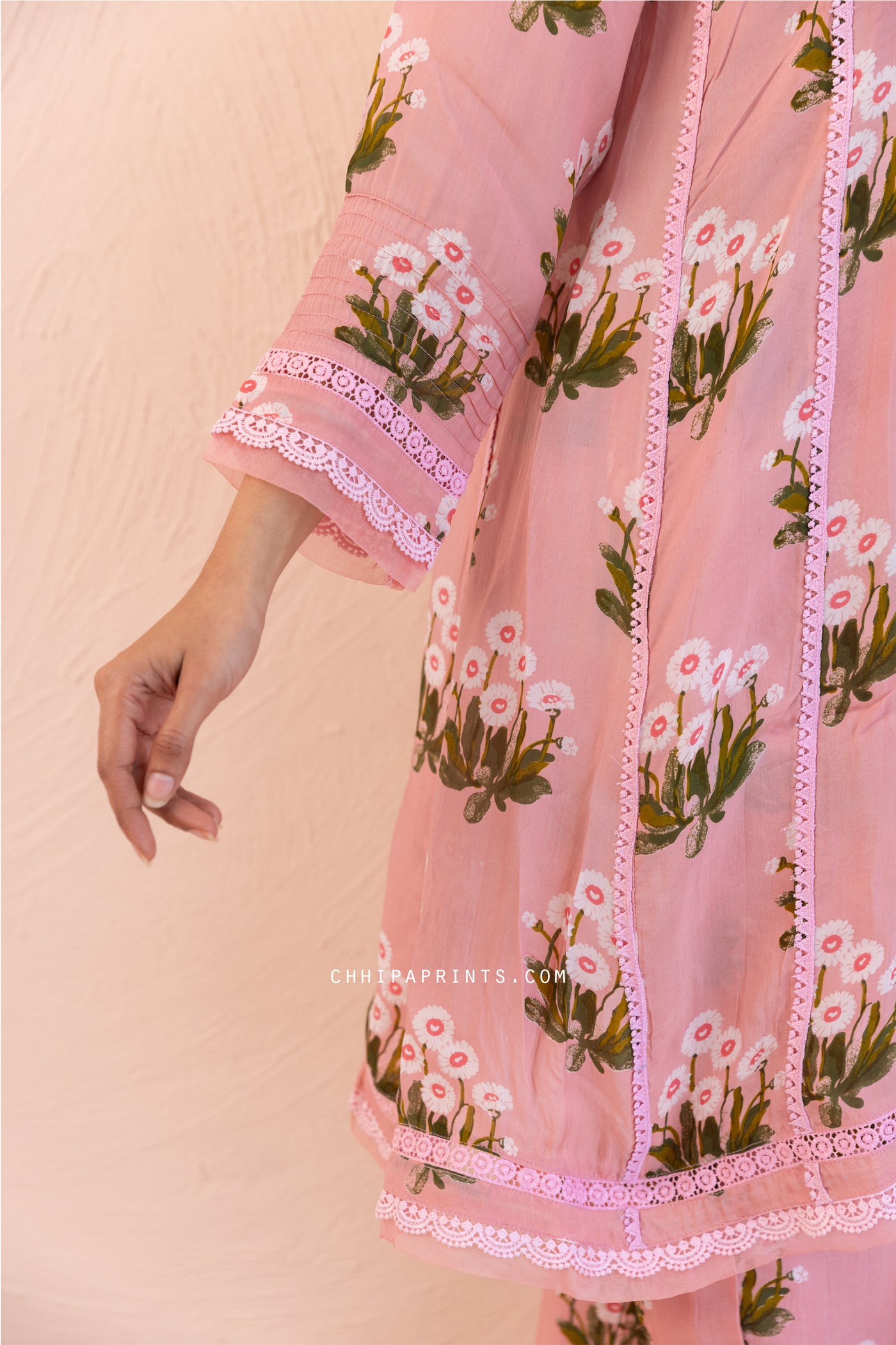 Organza Satin Printed Buta A line Kurta Set in Cameo Pink