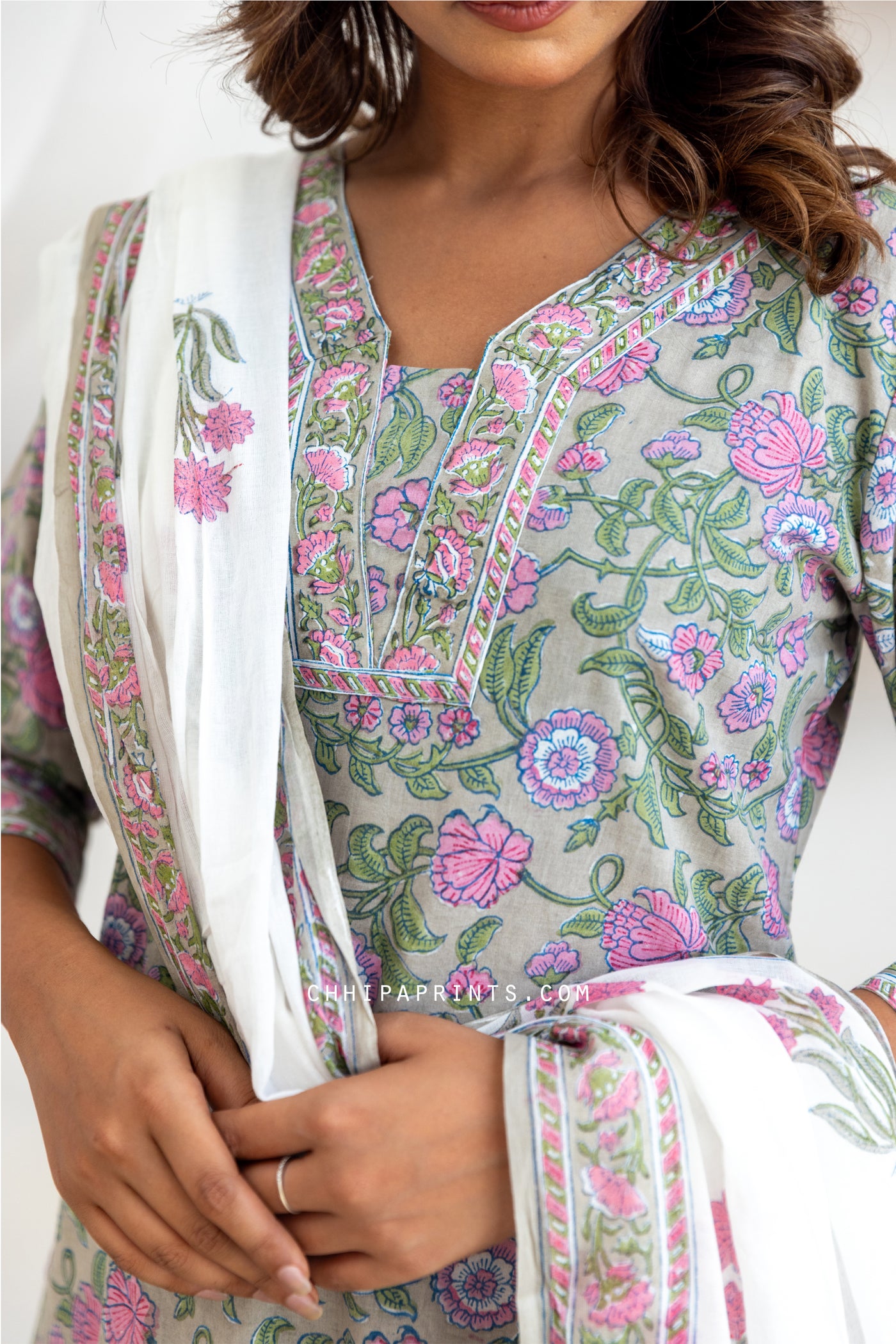 Cotton Block Print Mughal Jaal Suit Set in Shades of Oyster Mushroom and Pink