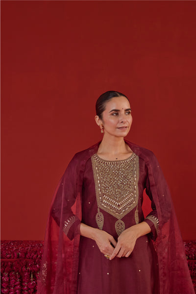 Chanderi Silk Aari Embroidery & Gota Patti Kurta Set in Burgundy