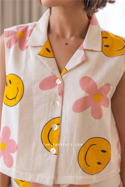 Cotton Smiley Print Co Ord Set in Shades of Yellow & Pink