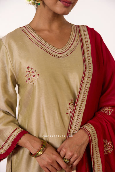Chanderi Silk Hand Embroidery Kurta Set in Safari