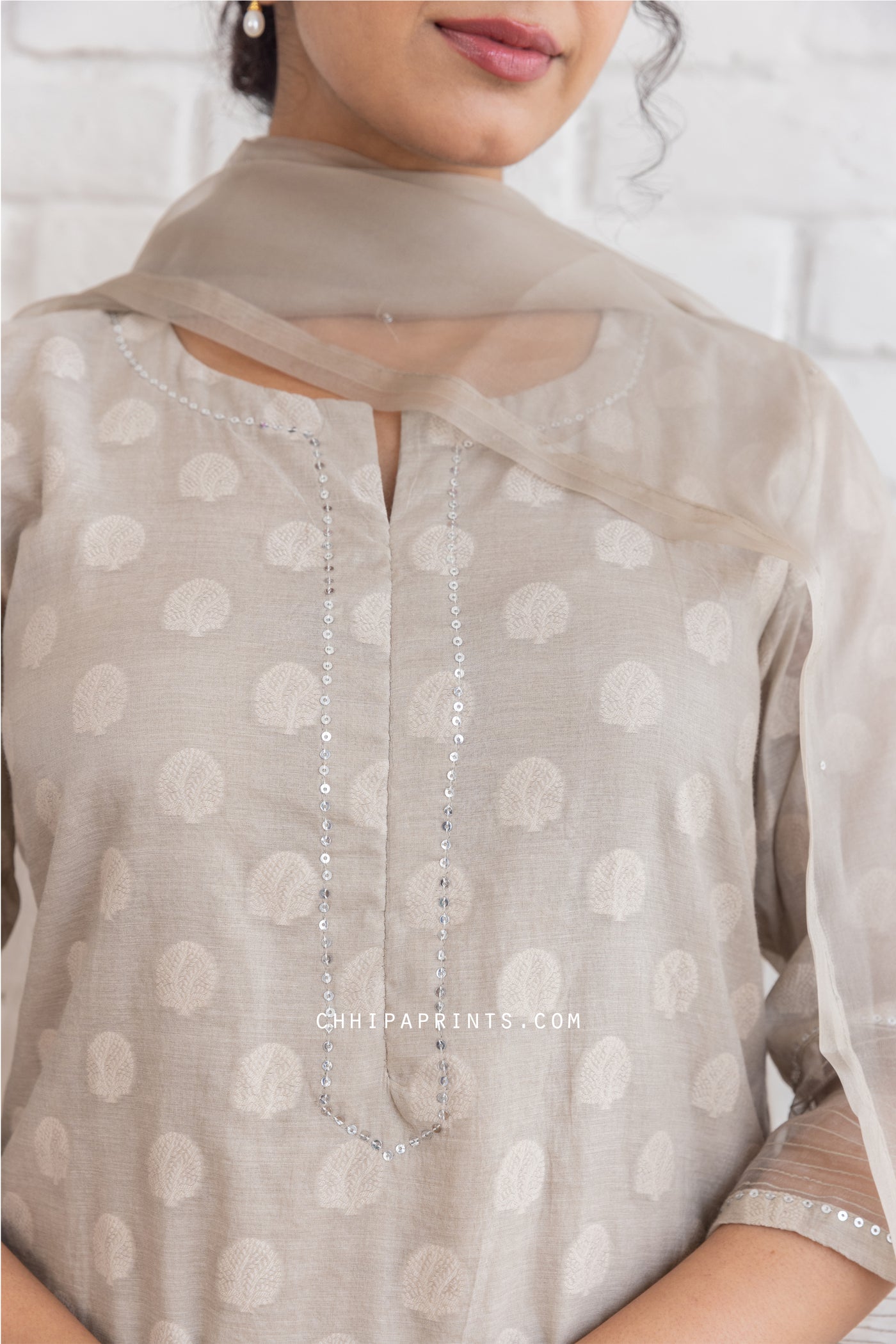 Chanderi Silk Dobby Buti Embroidery Kurta Set in Mushroom