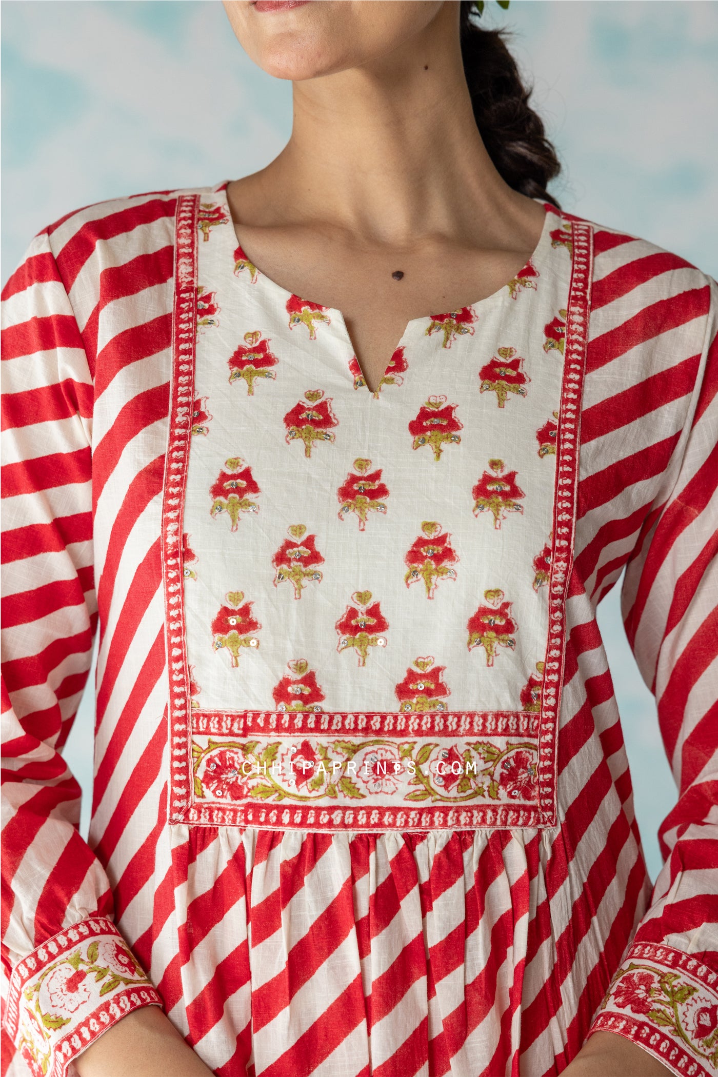 Cotton Hand Block Stripes Print Kurta Set in Racing Red