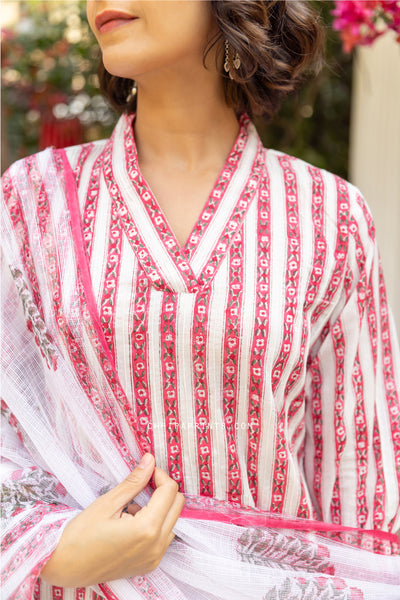 Cotton Block Print Parcha Border Kurta Set in Shades of Pink