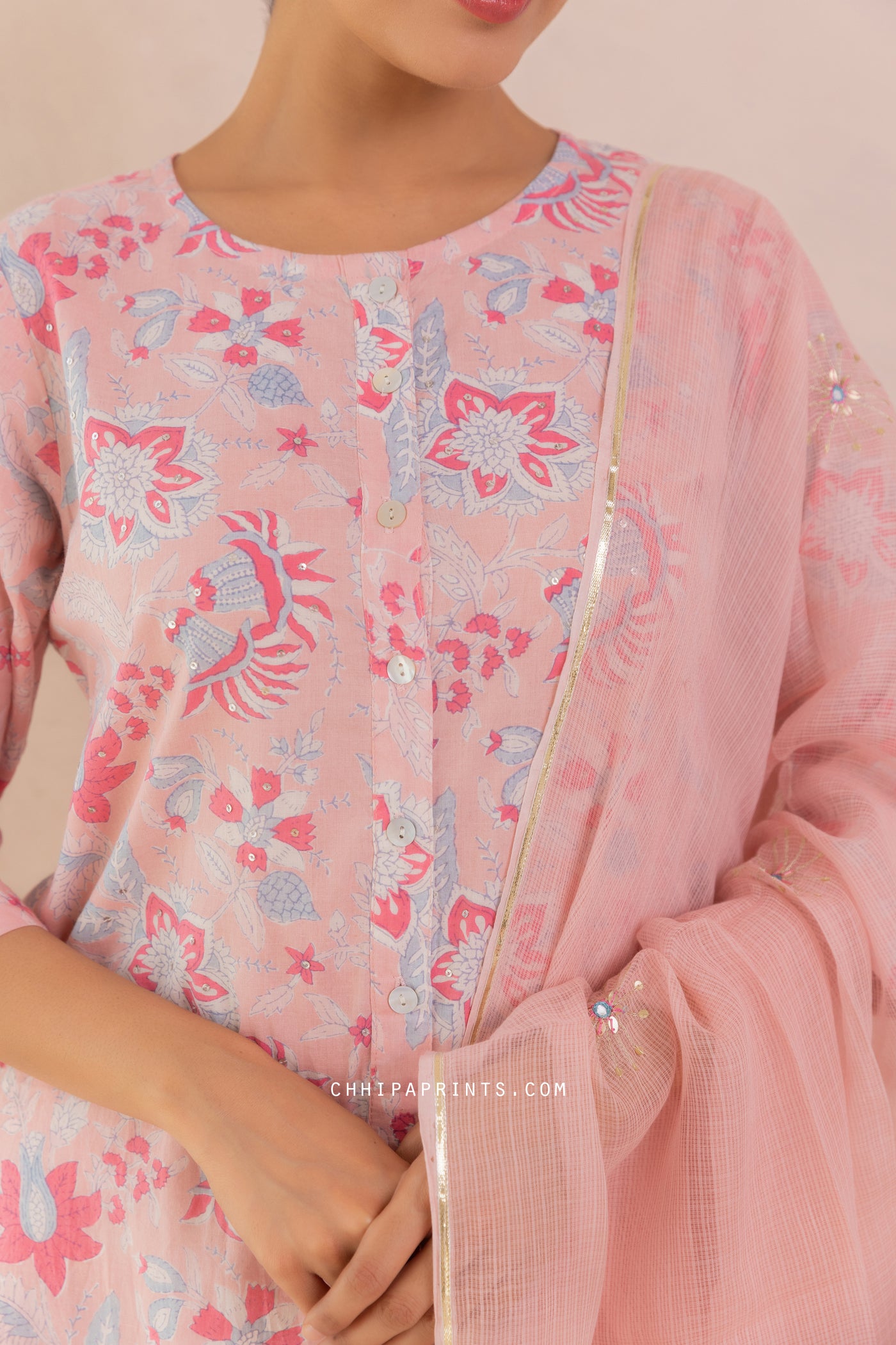 Cotton Mughal Jaal Print Kurta Set in Cameo Rose