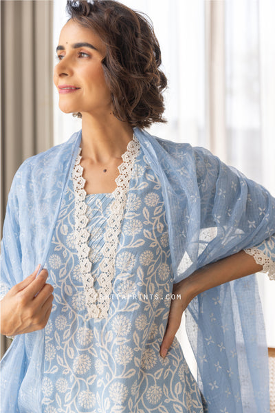 Cotton Mughal Jaal Print Kurta Set in Baby Blue