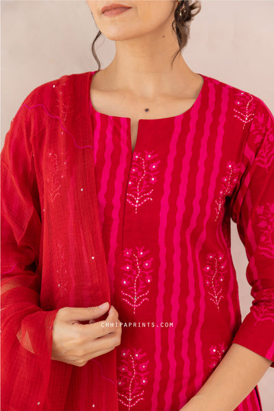 Cotton Buta Stripe Panel Print Kuta Set in Shades of Pink & Red