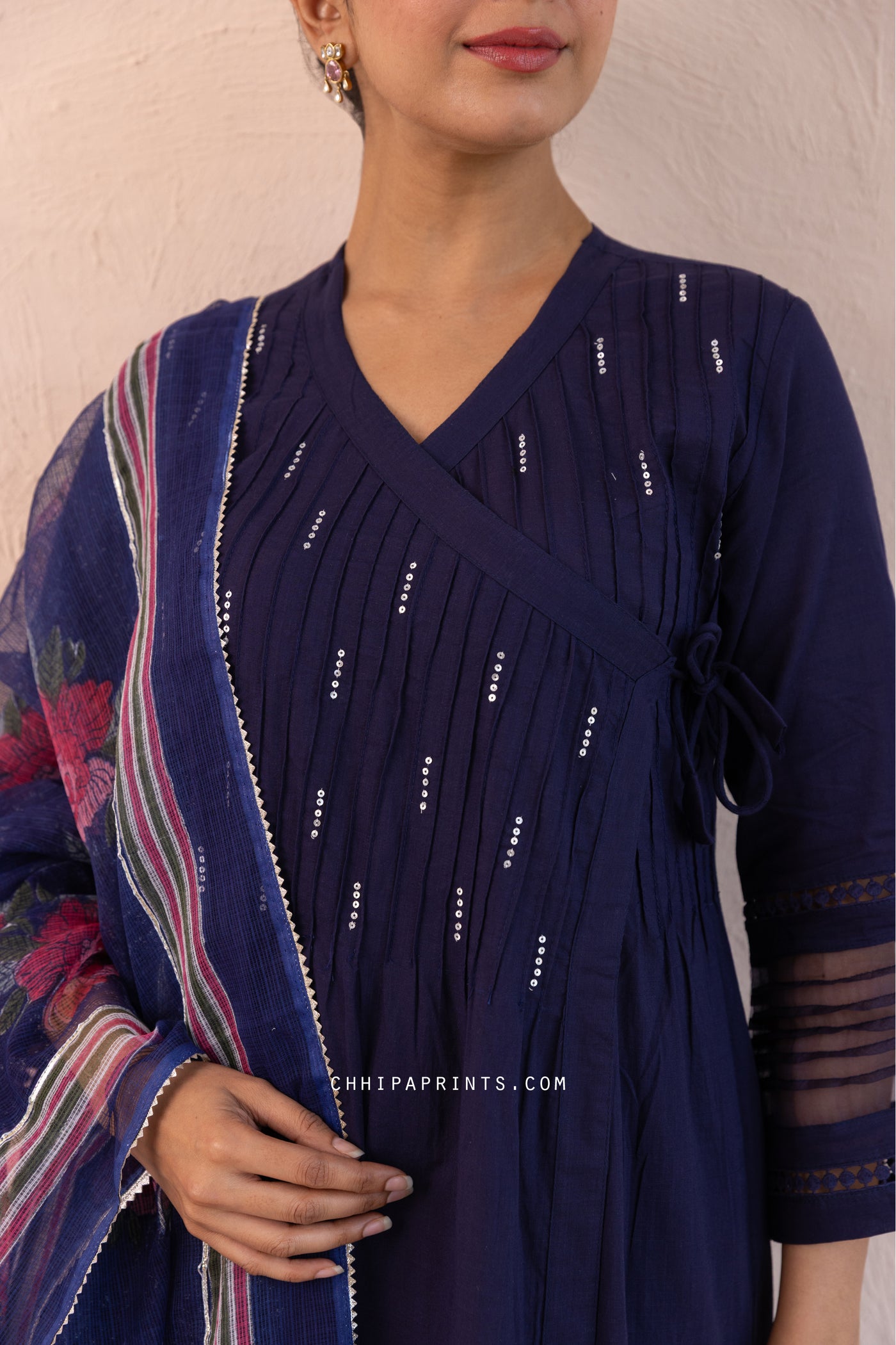 Cotton Slub Plain Dye Angrakha Kurta Set in Midnight Blue