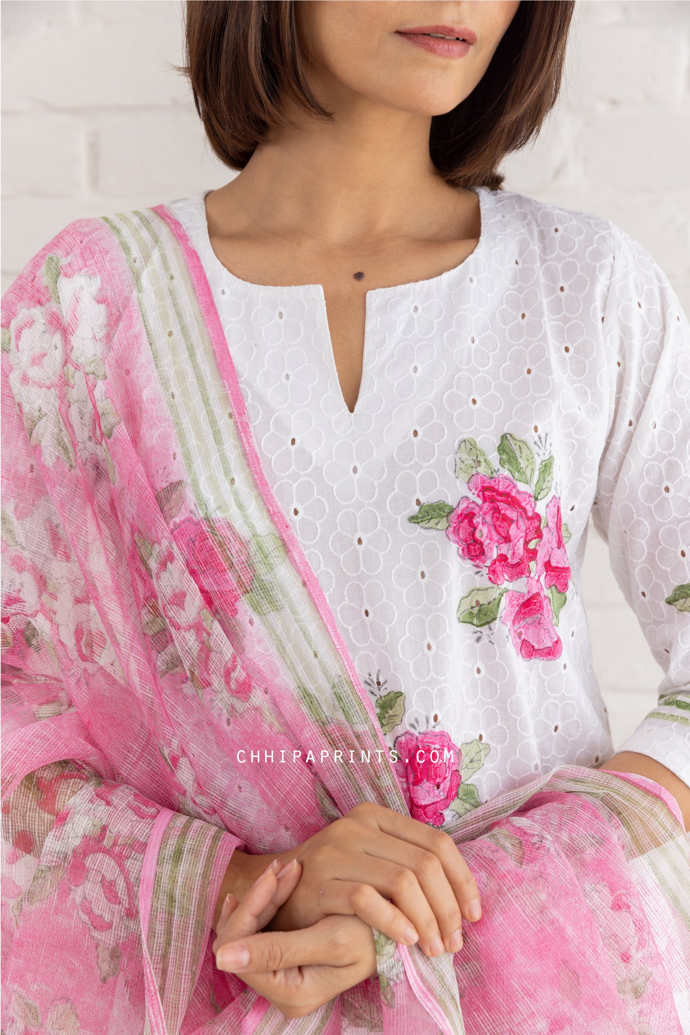 Cotton Schiffli Floral Block Print Kurta Set in Hot Pink