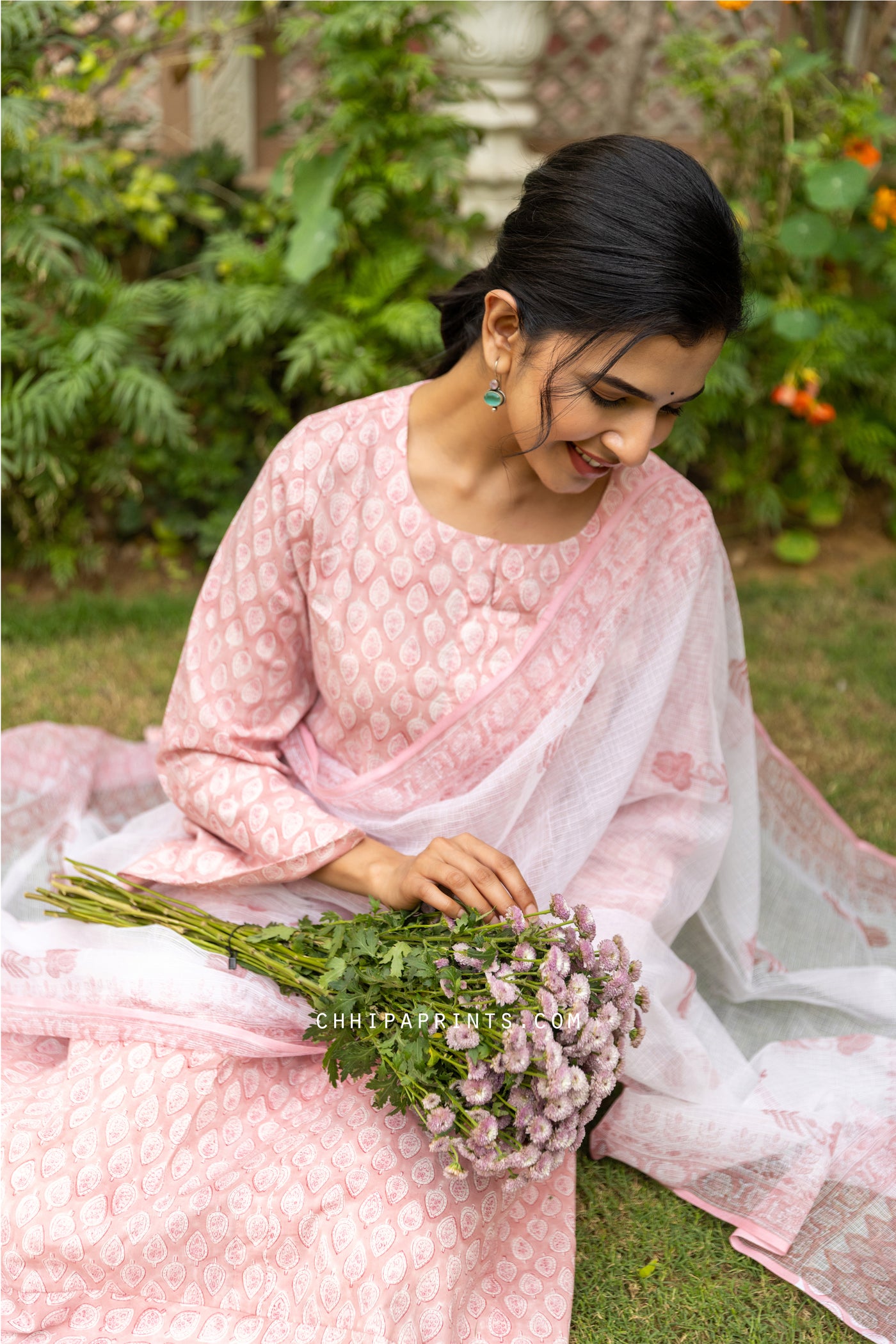 Cotton Block Print Gud Buti Kurta Set in Candy Pink